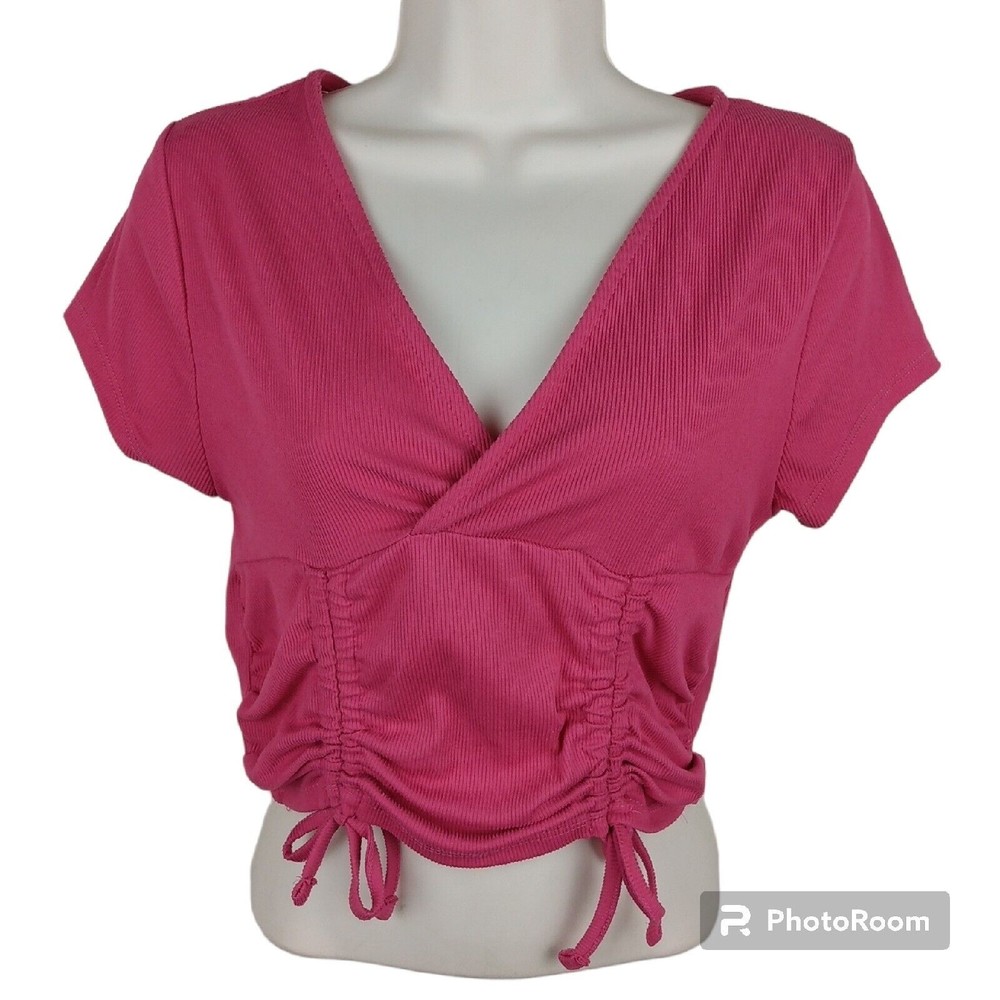 One Step Up Crop Top Womens Medium Pink Short Sleeve Pullover Rouched Blouse